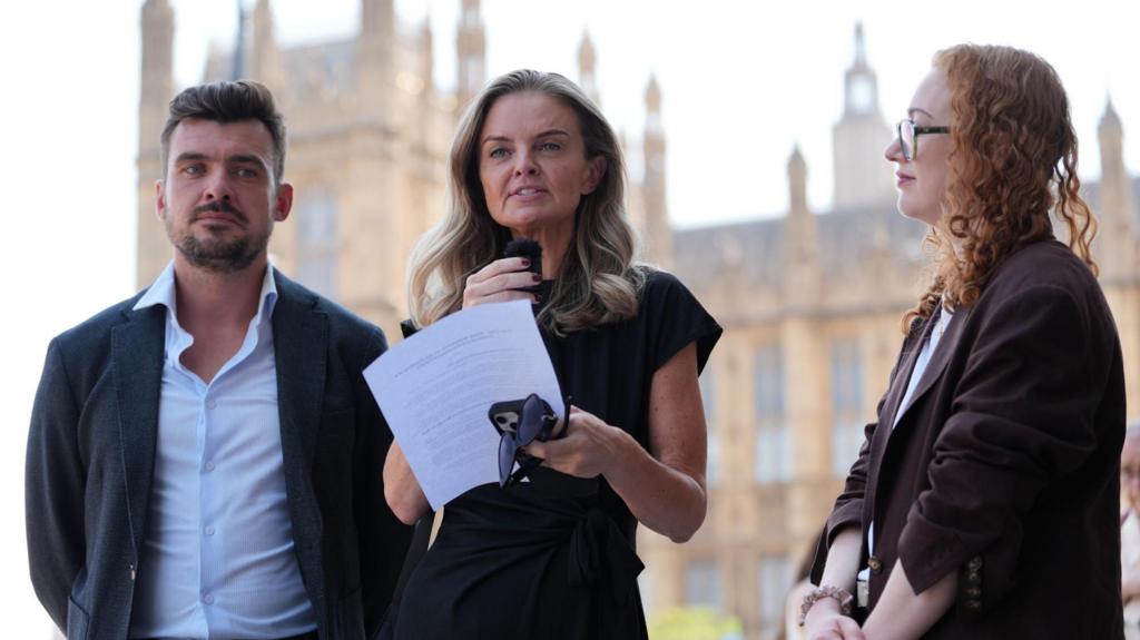 Ruth Ellis's granddaughter reacting to announcement outside Houses of Parliament
