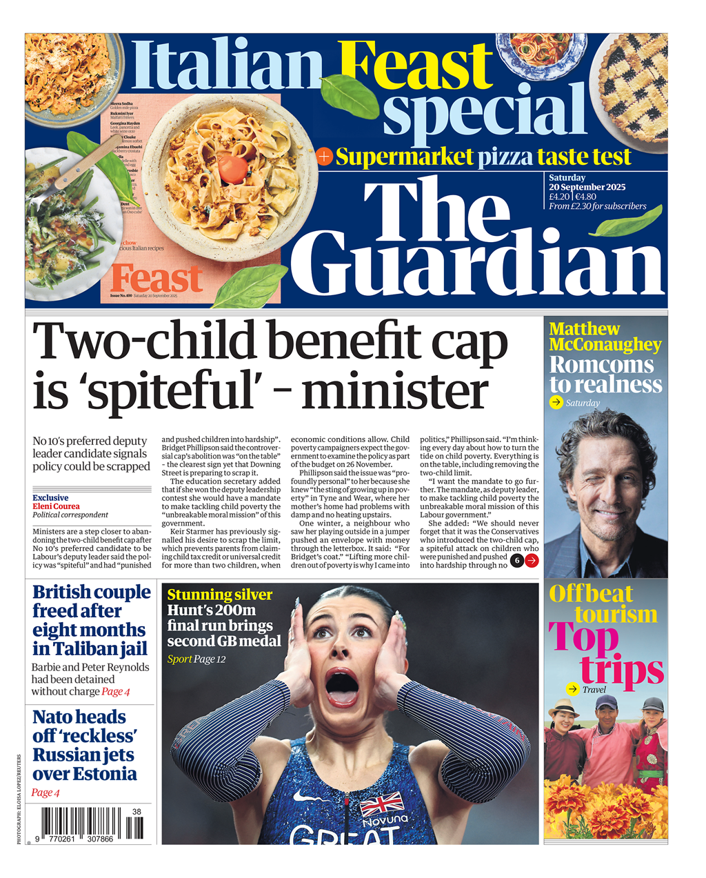 The headline on the front page of the Guardian reads: “Two-child benefit cap is 'spiteful' - minister".