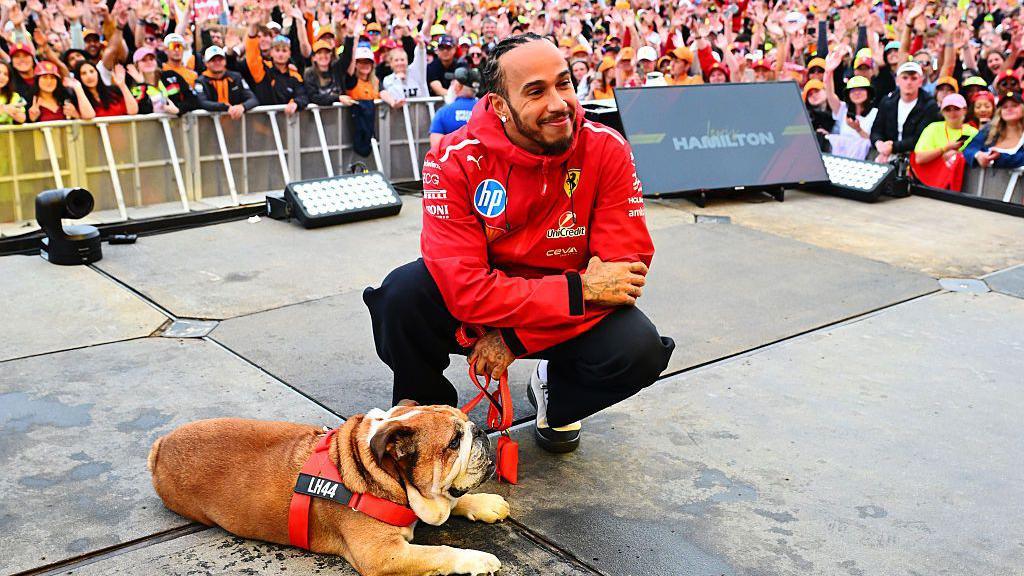 Lewis Hamilton on stage with his dog Roscoe at the 2025 British Grand Prix at Silverstone in July. Fans can be seen congregated around the stage in the background