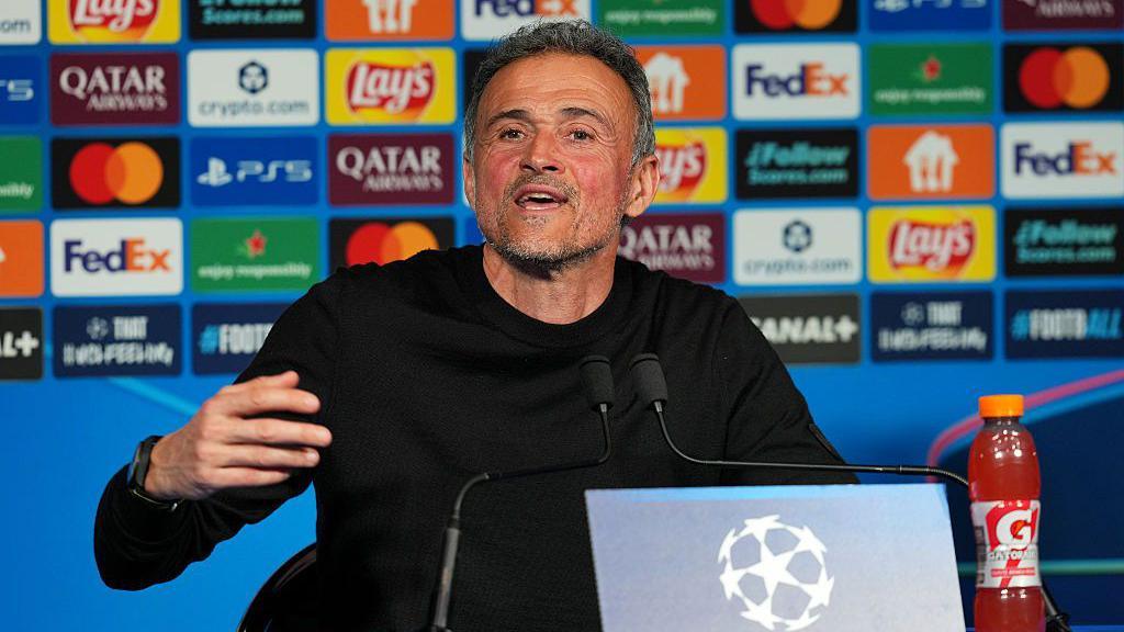 Luis Enrique speaks at a post-match Champions League media conference