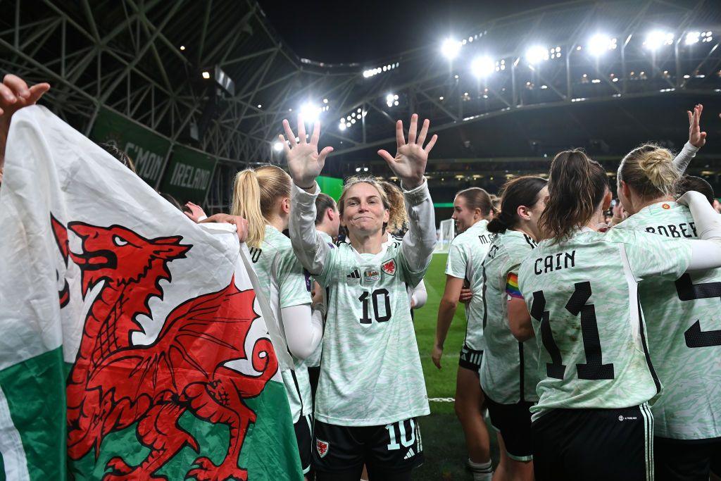 Jess Fishlock of Wales celebrates victory following the Uefa Women's Euro 2025 Play-Off match against Republic of Ireland.