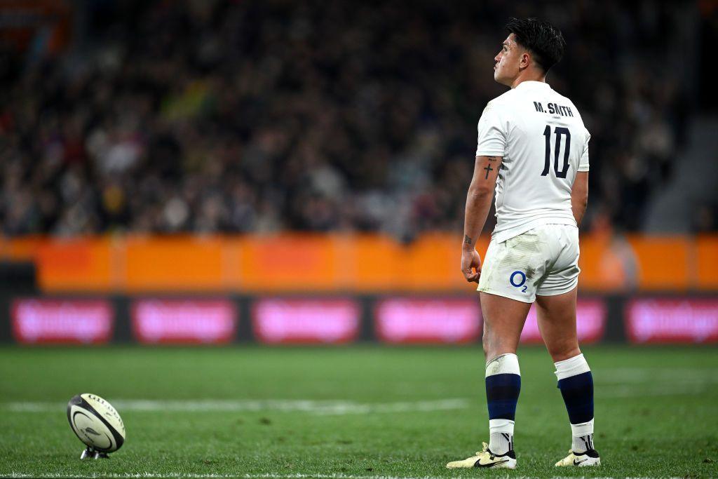 Marcus Smith lines up a kick playing for England in Dunedin