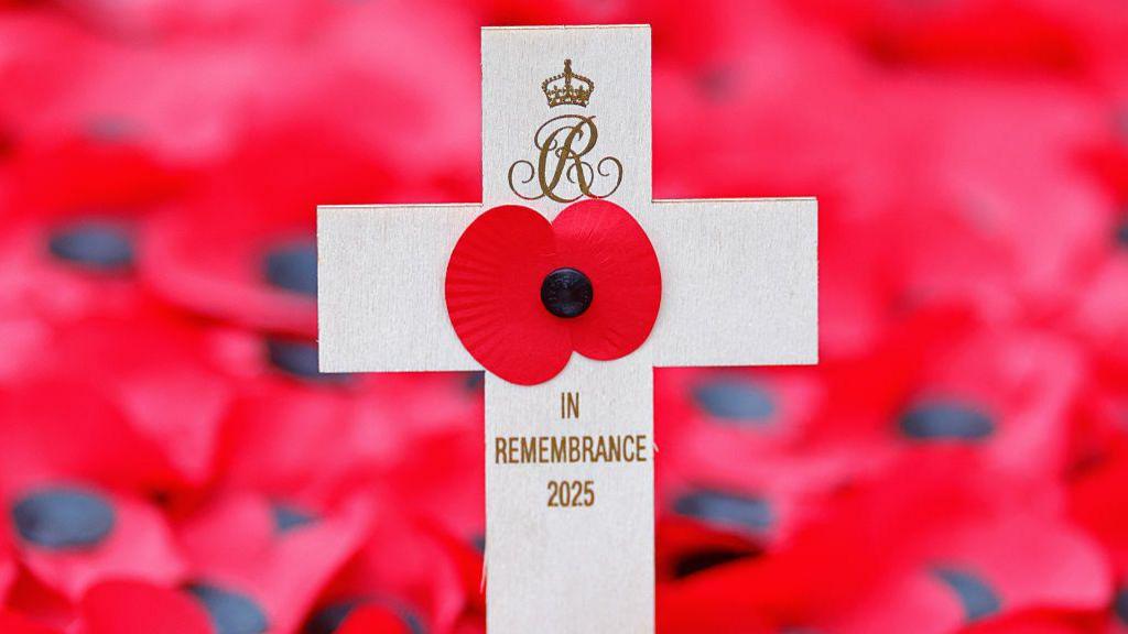 A wooden cross with a red poppy attached standing in front of lots of poppies lying behind