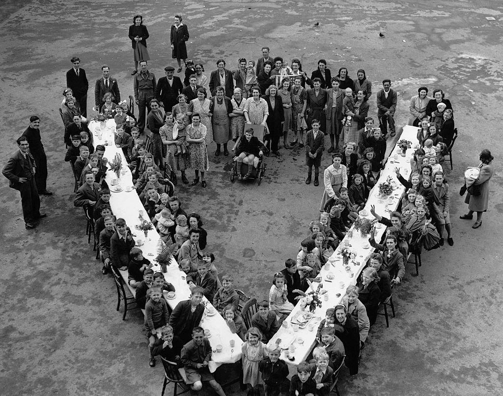 Victory Party For Children In South London. Children sat down to a Victory Party given by flat residents at Kentwell Close, Brockley in South London