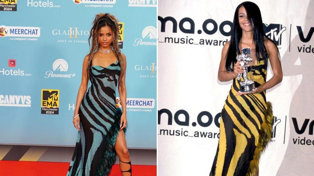 Tyla and Aaliyah see in striped dresses