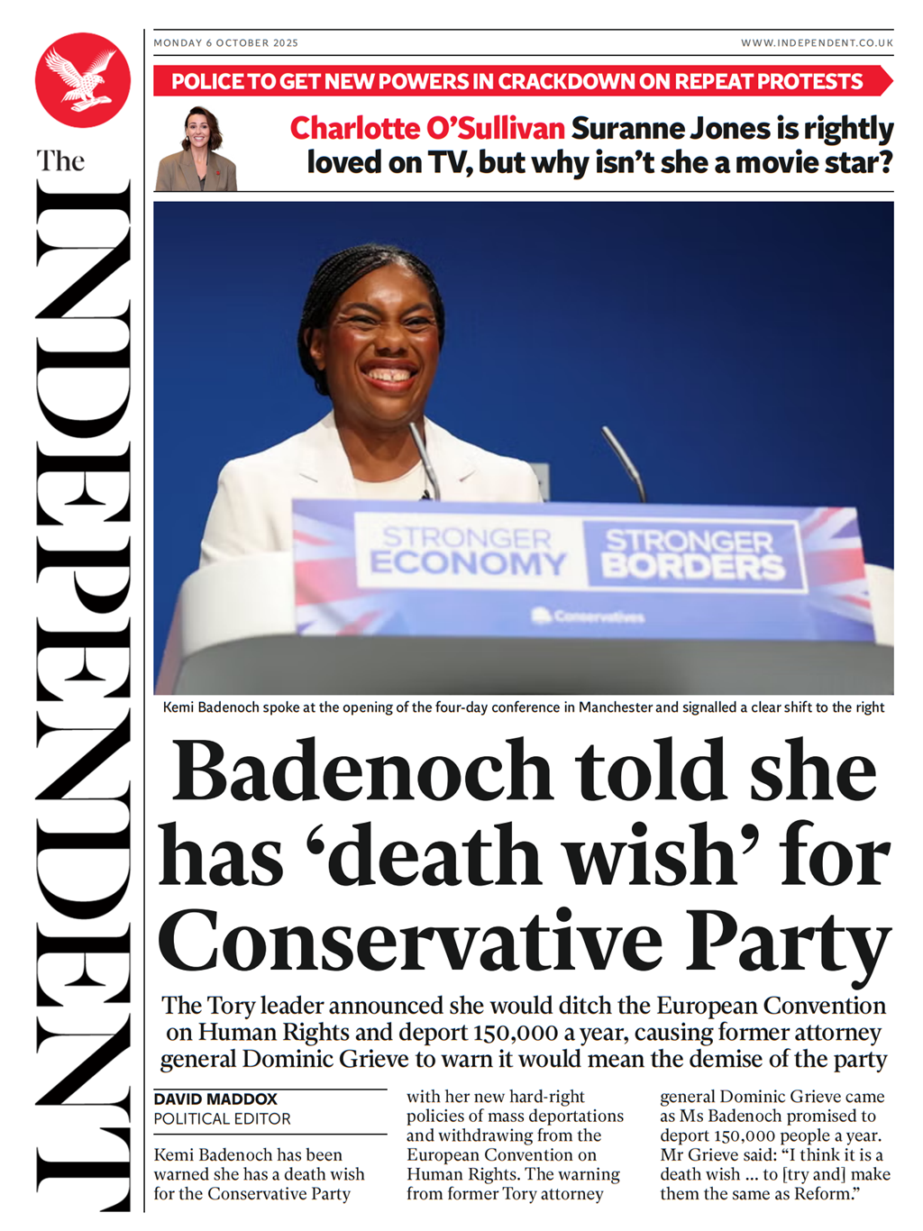 The headline on the front page of the Independent reads: "Badenoch told she has 'death wish' for Conservative Party". 