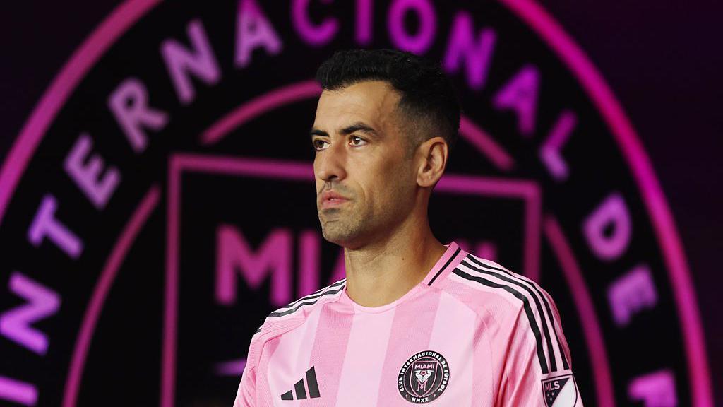 Sergio Busquets with the Inter Miami badge in the background.