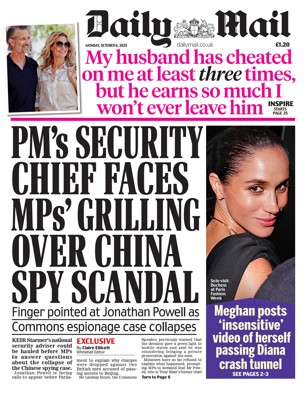 The headlines on the front page of the Daily Mail read: "PM's security chief faces MPs' grilling over China spy scandal". 