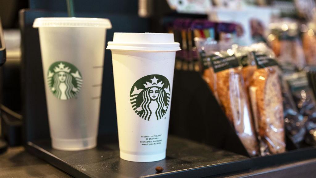 A reusable cup for sale at a Starbucks coffee shop in Albany, New York, US, on Tuesday, Jan. 30, 2024.