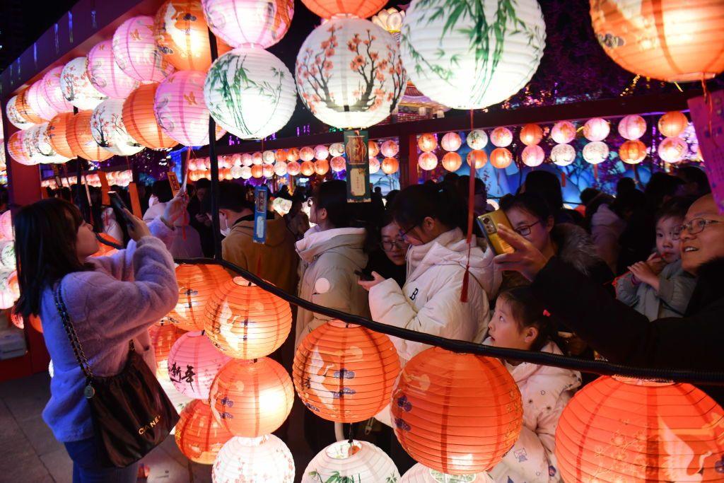 People looking at lanterns in Chengdu, Sichuan Province, of China. 