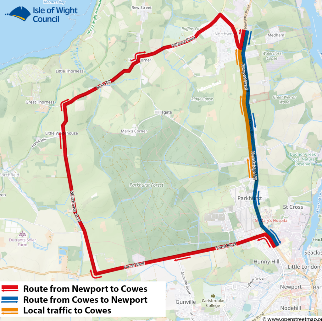 Image shows diversion routes, red for the seven mile diversion, blue for southbound traffic on Horsebridge hill and yellow for local traffic.