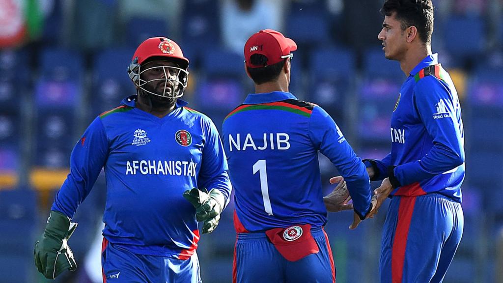 Afghanistan players celebrate taking a wicket against New Zealand