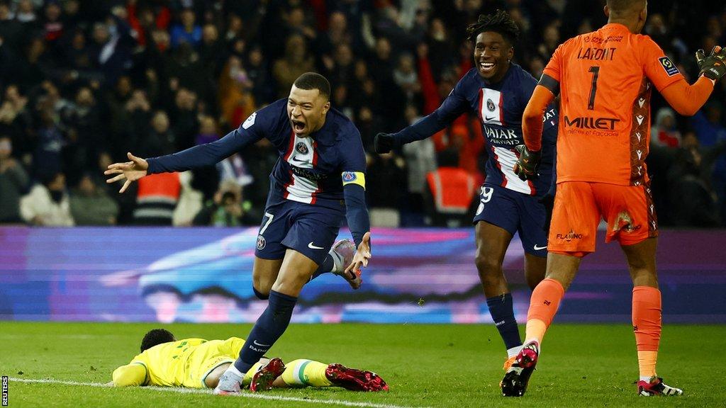 Paris St Germain's Kylian Mbappe celebrates scoring their fourth goal v Nantes and becomes Paris St Germain's all time top goalscorer