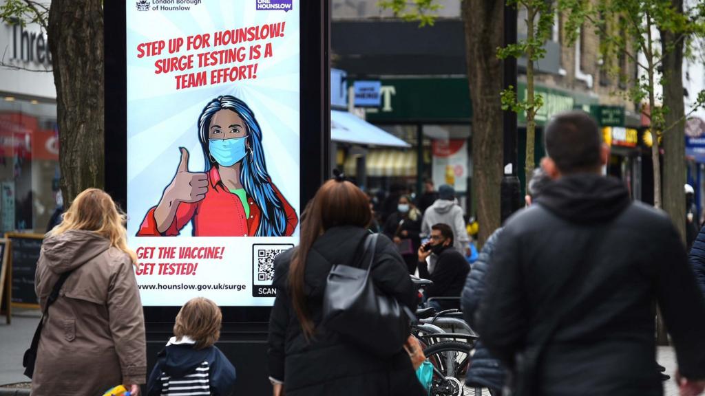 An electronic Covid-19 public health sign on the high street in Hounslow, west London, one of the areas of the UK where the Covid variant first identified in India is spreading fastest.