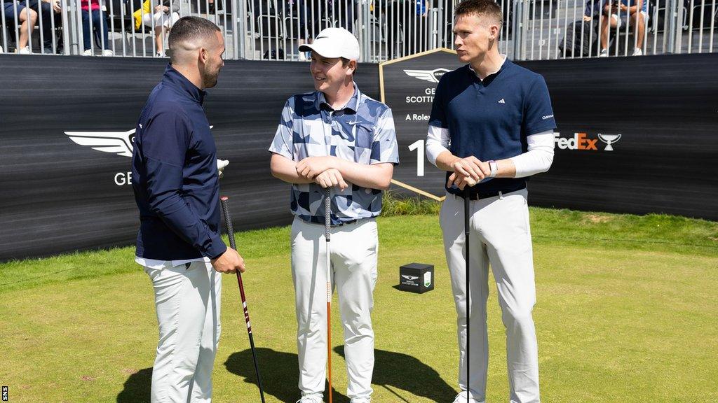 Scotland footballers John McGinn, left, and Scott McTominay, right, get in on the action with Robert MacIntyre at the Scottish Open