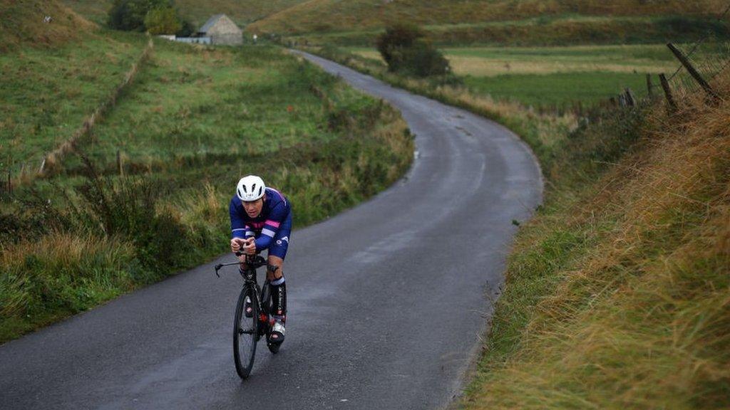 A Participant competing in the cycle leg of the race during IRONMAN 70.3 Weymouth on September 23, 2018