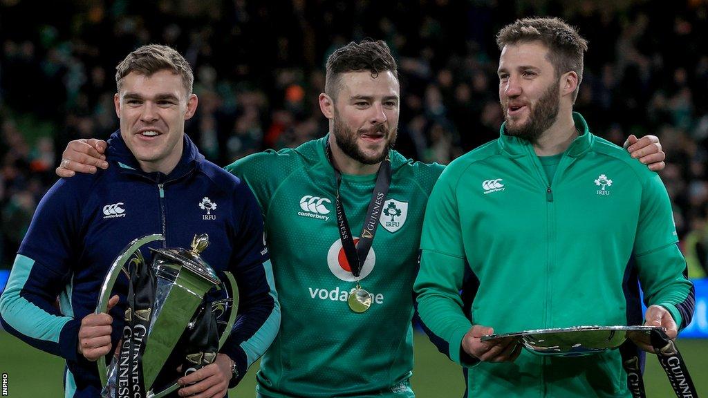 Stuart McCloskey pictured with Garry Ringrose and Robbie Henshaw during Ireland's Grand Slam celebrations