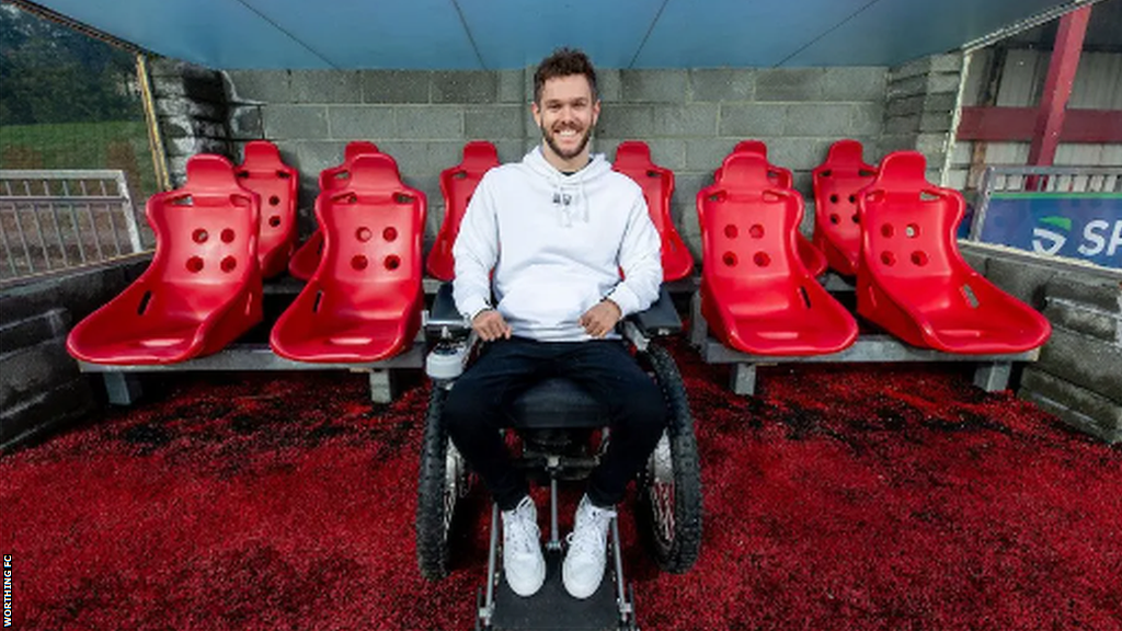 Worthing owner George Dowell in front of the one of the dugouts at the club