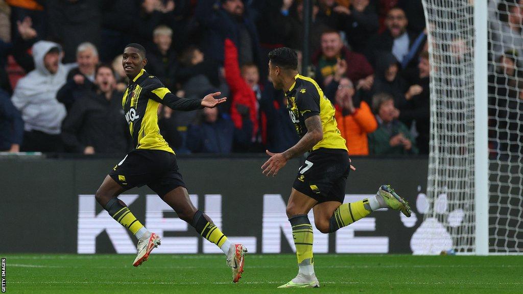 Yaser Asprilla celebrates scoring for Watford against Sheffield Wednesday