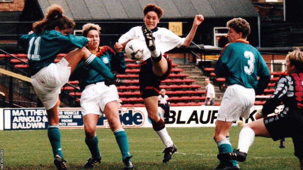 Kerry Davis of England goes close during England Women vs Germany Women in 1994