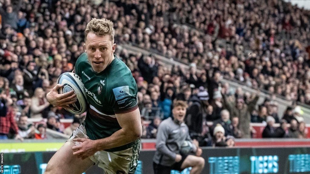 Harry Potter runs in a try for Leicester Tigers