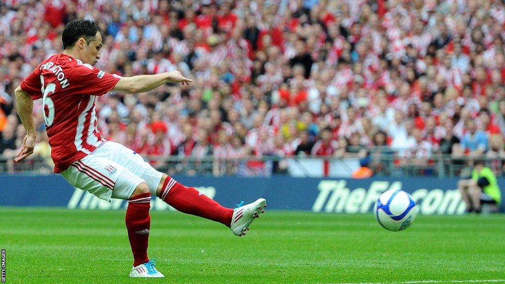 Matthew Etherington scores a penalty for Stoke City in the FA Cup semi-final win over Bolton Wanderers at Wembley in 2011