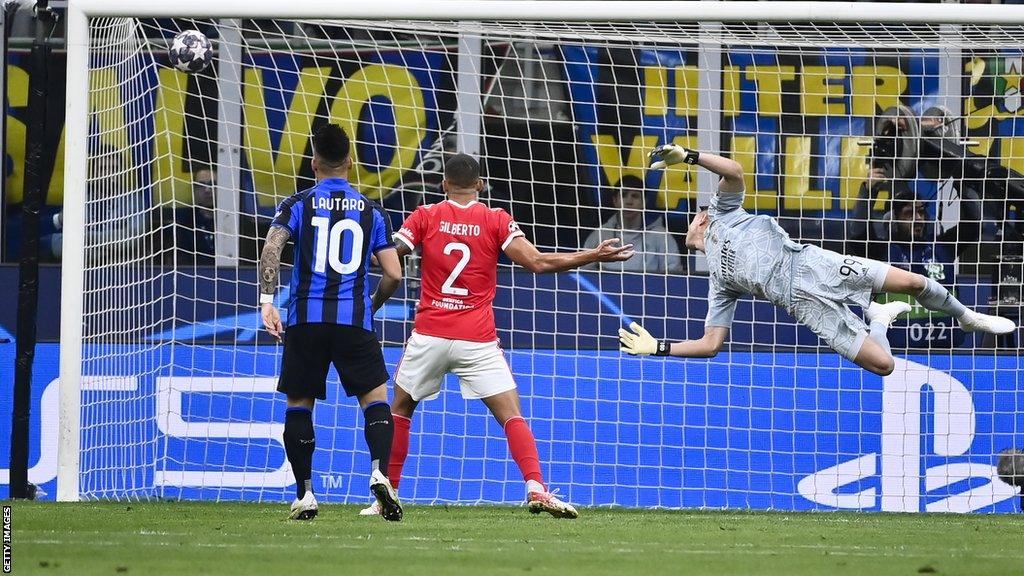 Inter Milan's Nicolò Barella scores against Benfica in the Champions League quarter-finals