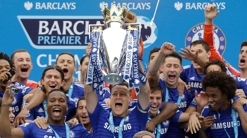 Chelsea football club lifting Premier League title in May 2015