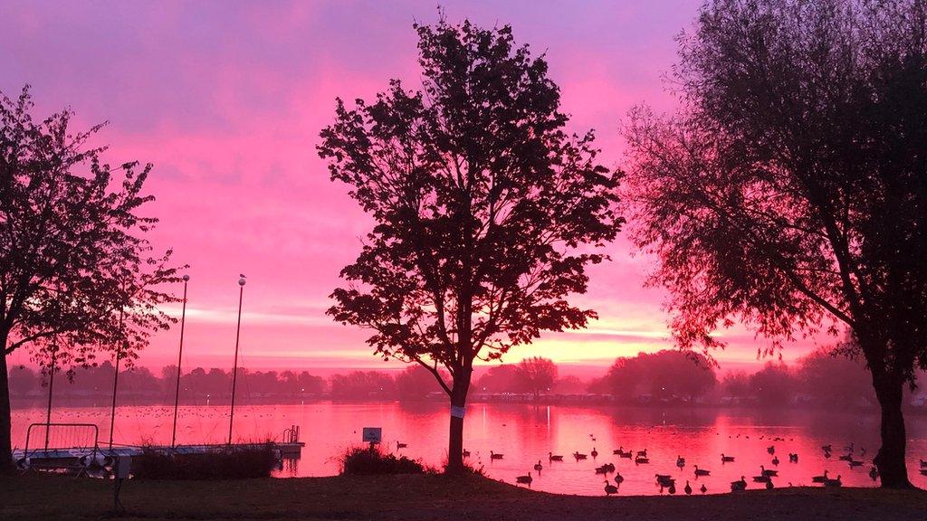 Red skies at sunrise in Cosgrove, Northamptonshire.