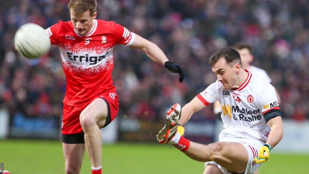 Darragh Canavan unleashes a shot against Derry in the the Division one game in February