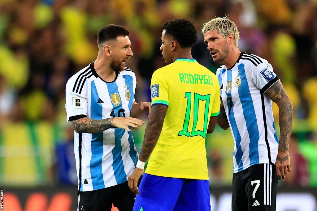 Lionel Messi (left), Rodrygo (centre) and Rodrigo de Paul (right)