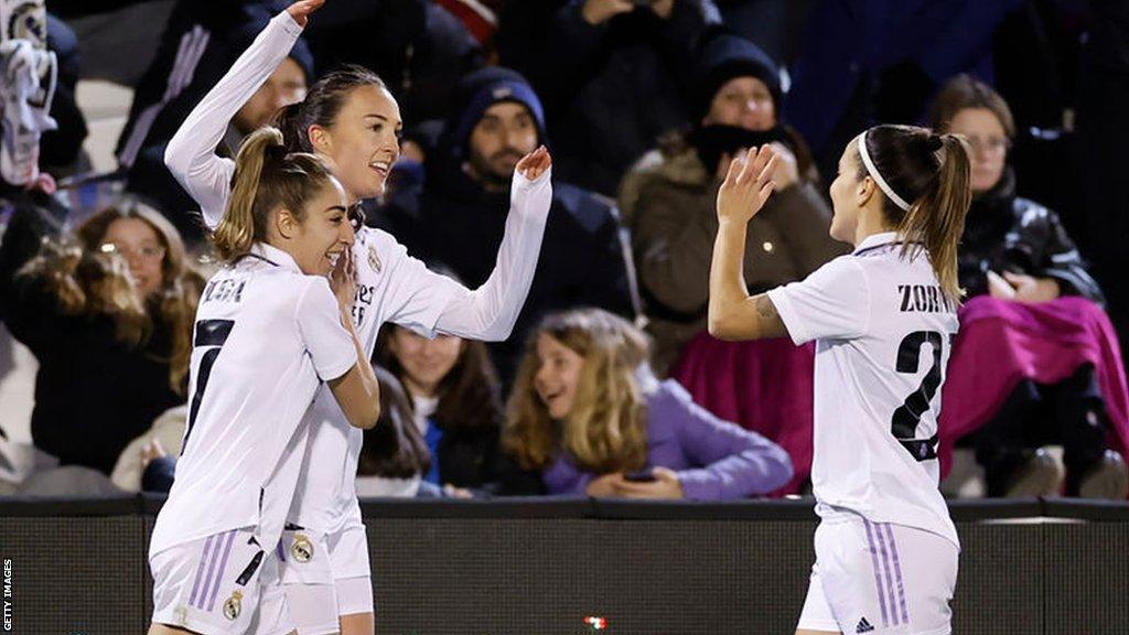 Caroline Weir, centre, celebrates a goal for Real Madrid in the Women's Champions League