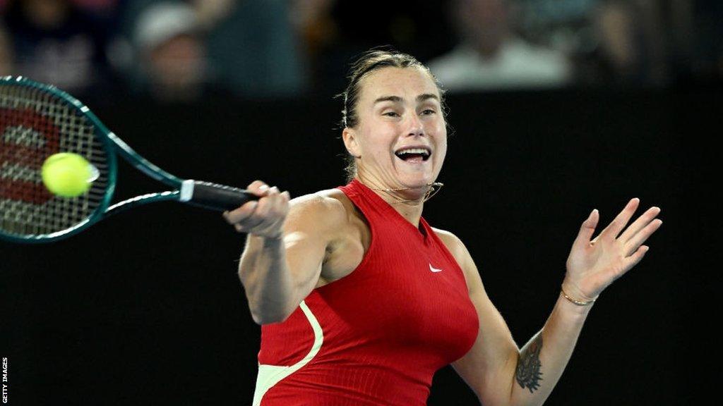 Aryna Sabalenka hits a return against Coco Gauff at the Australian Open