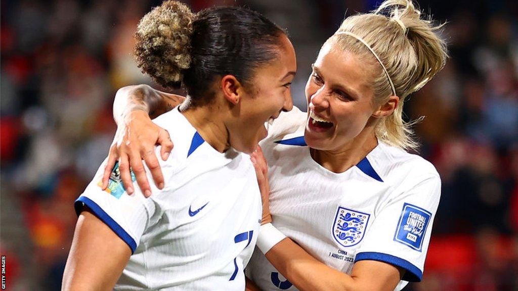 Lauren James and Rachel Daly celebrate