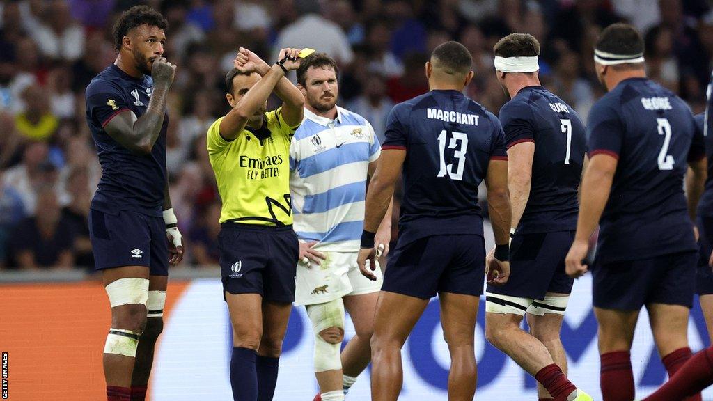 Tom Curry is sin-binned against Argentina, with the decision later upgraded