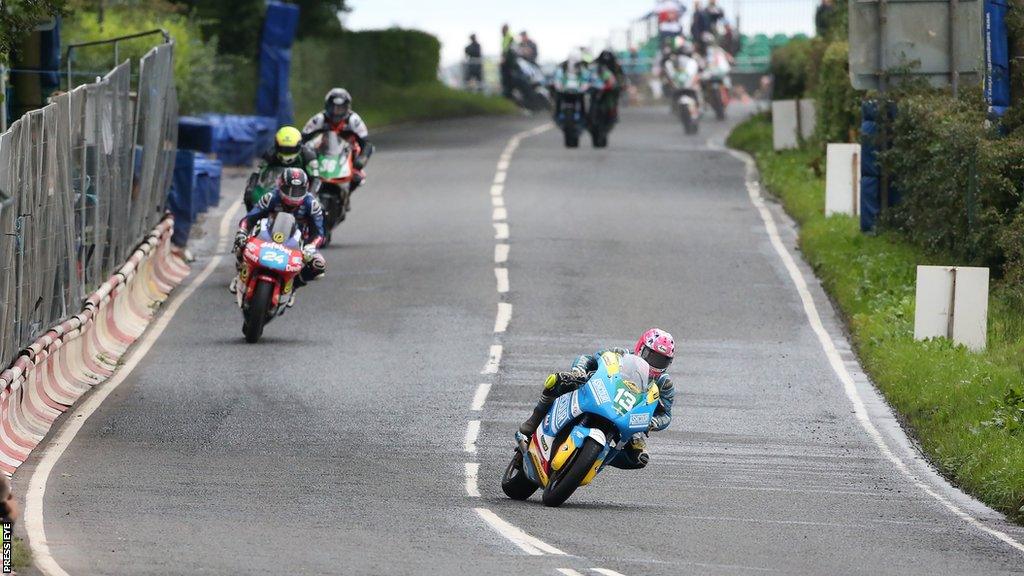 Lee Johnston leads the supertwin race during the last staging of the Ulster Grand Prix in 2019