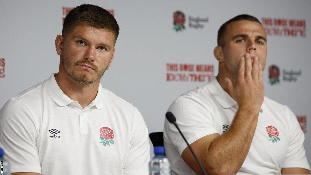 England captain Owen Farrell speaks at a media conference