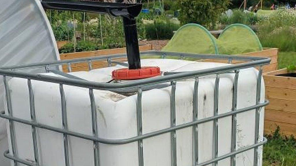 One of the water containers at Cotgrave Community Garden