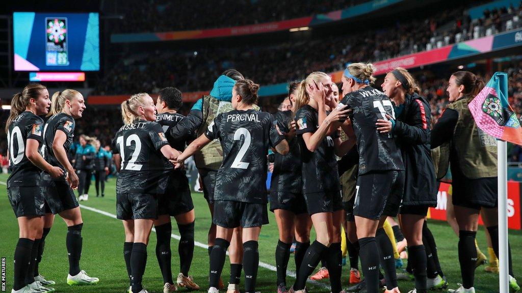 New Zealand's players celebrate scoring against Norway at the Women's World Cup