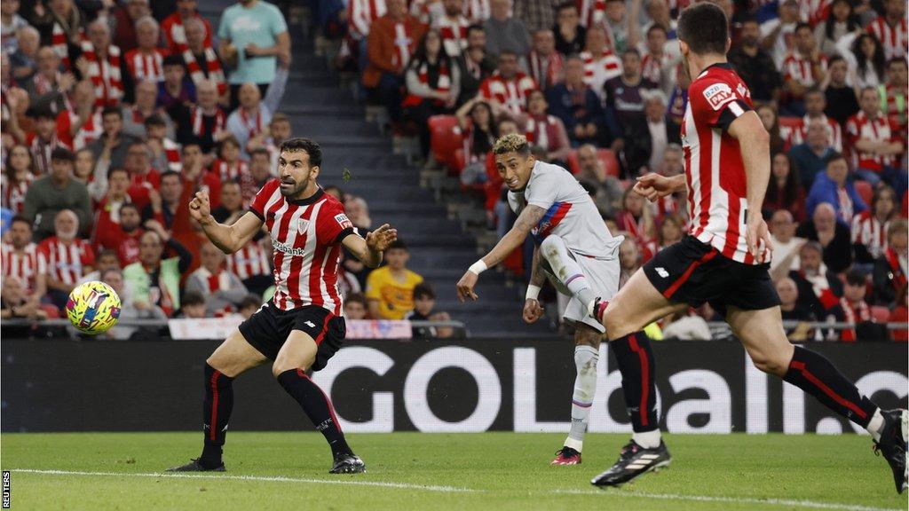 Raphinha scoring the opening goal against Athletic Bilbao