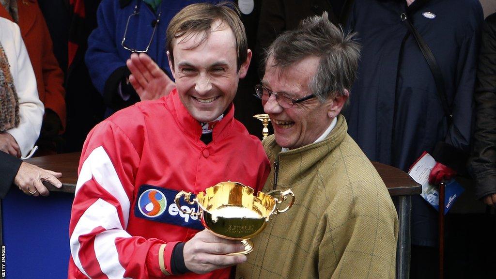 Nico de Boinville and Mark Bradstock celebrate Coneygree's win in the 2015 Cheltenham Gold Cup