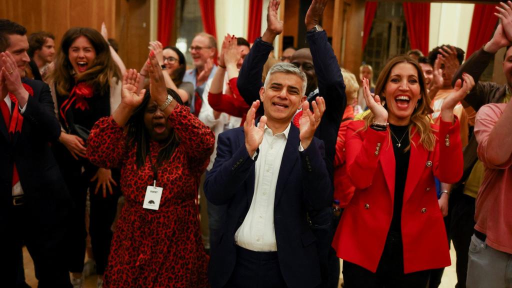 Mayor Sadiq Khan celebrates a win announcement amidst the counting process during local elections, at Wandsworth Town Hall,