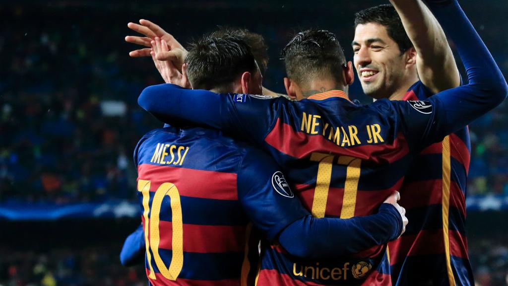 Lionel Messi, Neymar and Luis Suarez celebrate