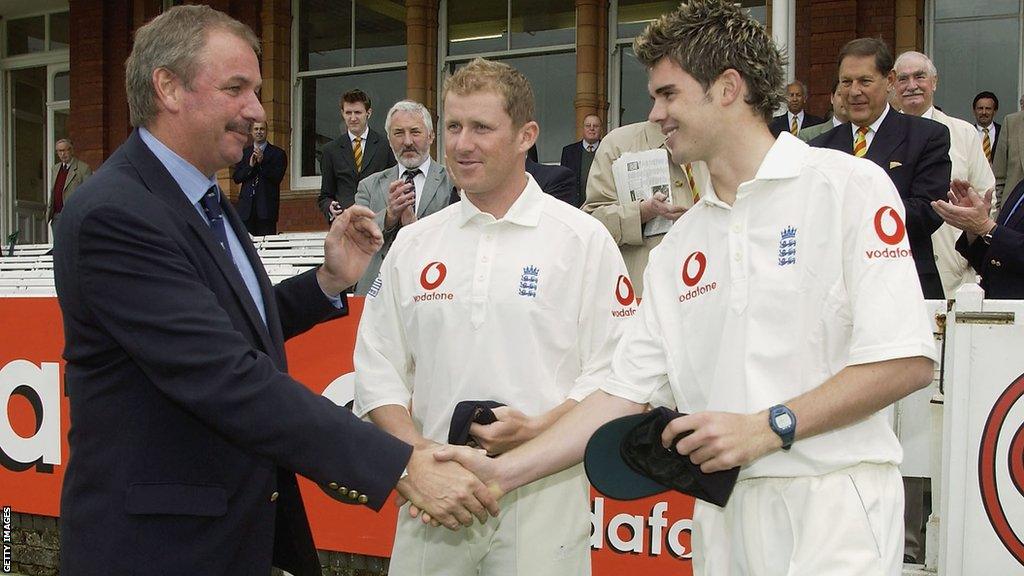 Anthony McGrath and James Anderson receiving their first England caps from chairman of selectors David Graveney.