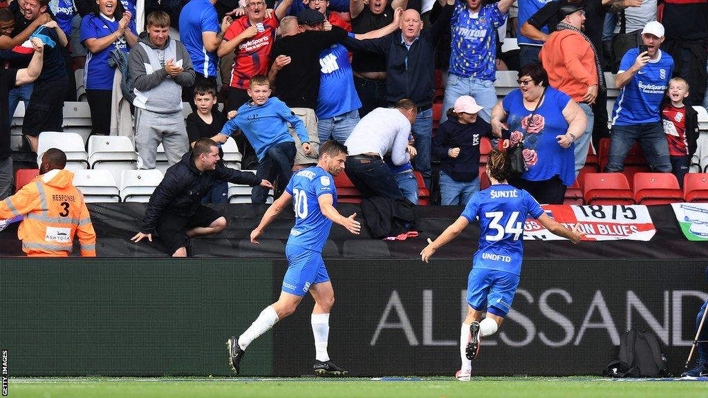 Lukas Jutkiewicz (left) celebrates his goal for Birmiingham with team-mate Ivan Sunjic