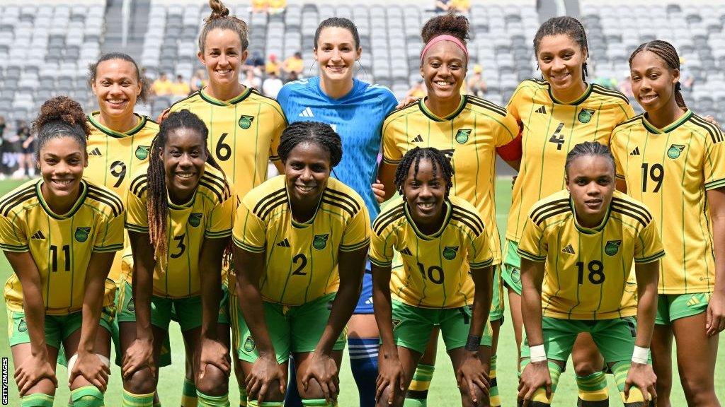 Jamaica women's football team line-up before their Cup of Nations match against the Czech Republic in February