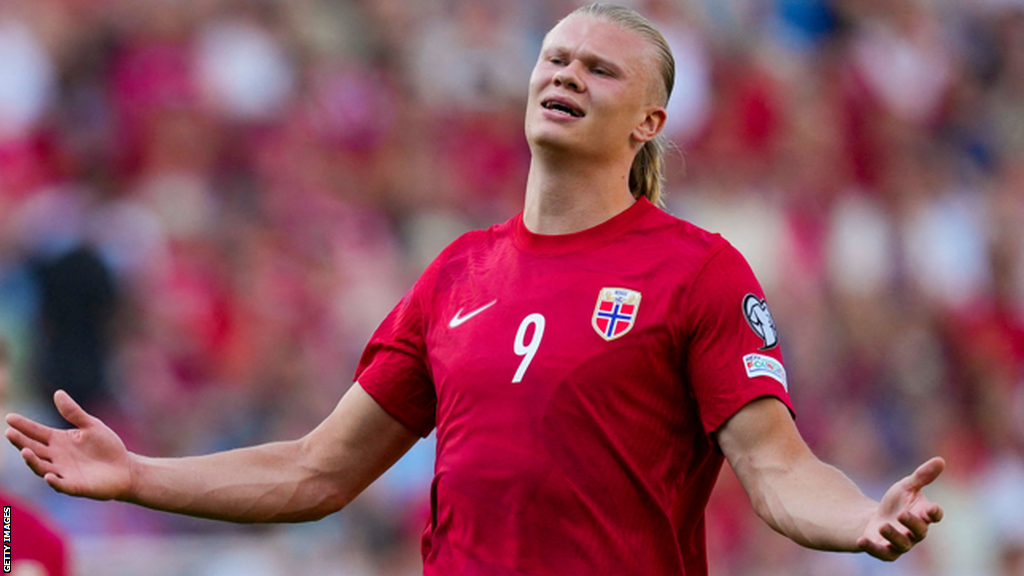 Erling Haaland reacts during a Euro 2024 qualifier against Scotland