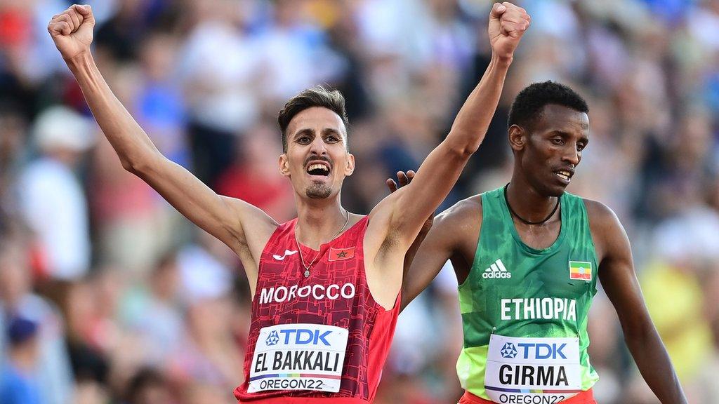 Soufiane El Bakkali celebrates winning steeplechase gold at the 2022 World Athletics Championships