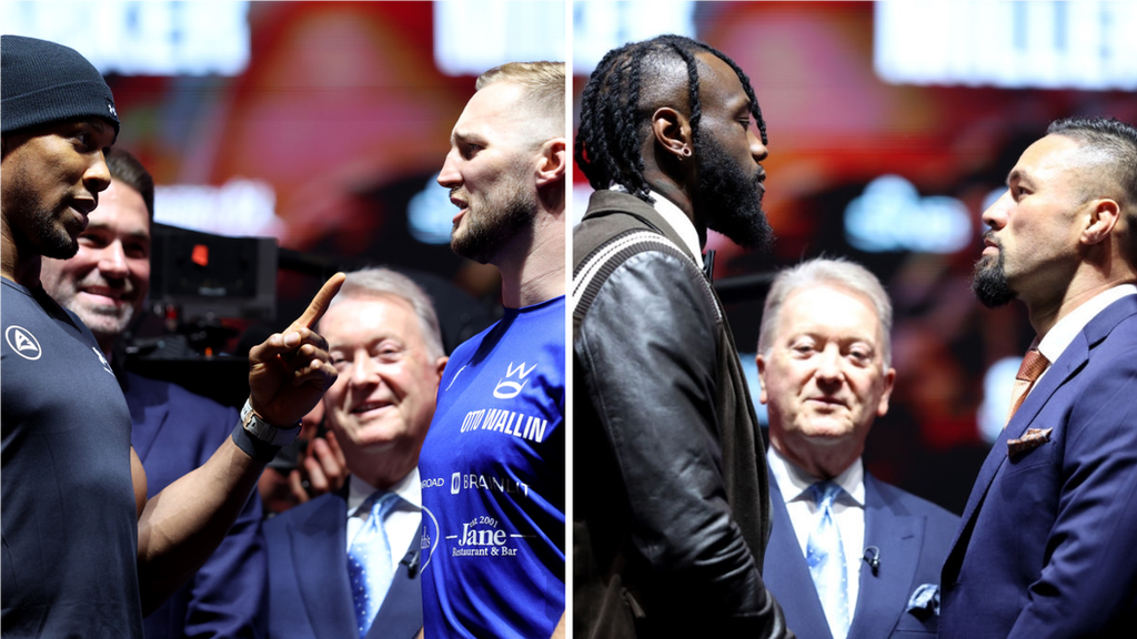 Split image of Anthony Joshua facing off with Otto Wallin and Deontay Wilder facing off with Joseph Parker