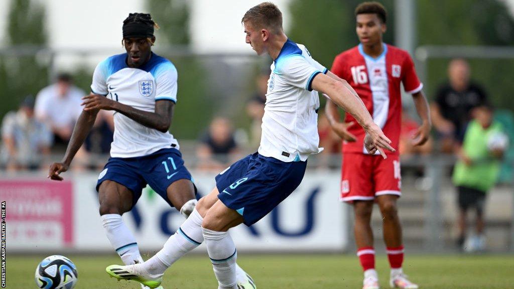 Liam Delap scoring a goal for England